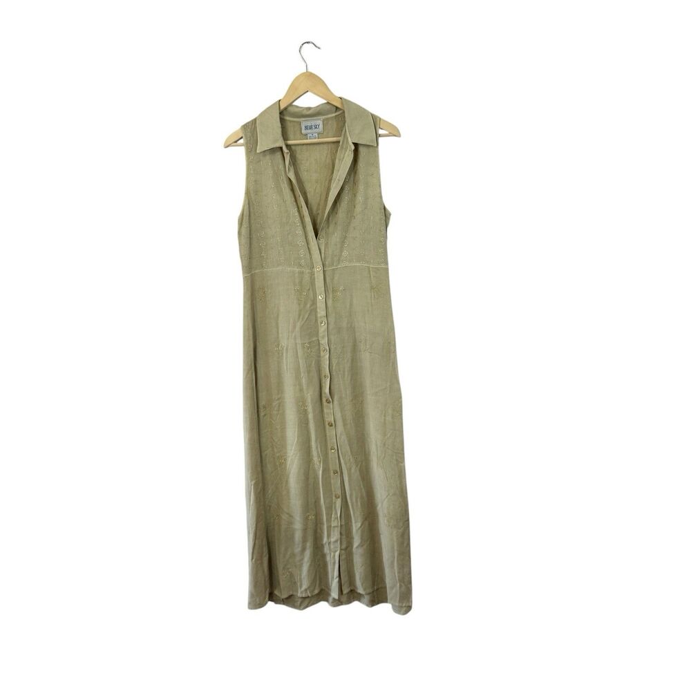 Blue Sky Small Maxi Full Button Up Sleeveless Embroidered Rayon Womens READ